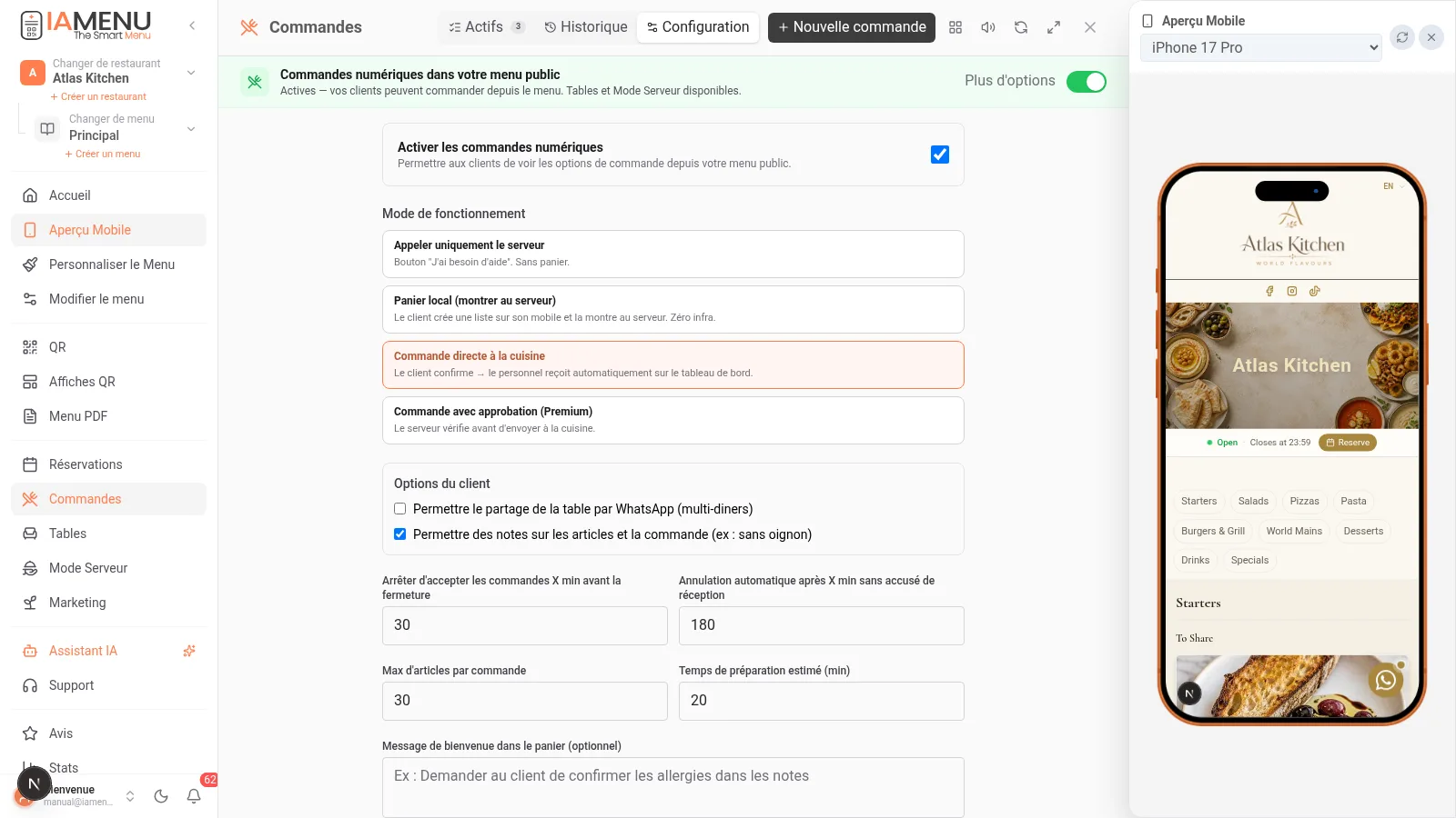 Configuration des commandes digitales de iaMenu avec les modes de fonctionnement