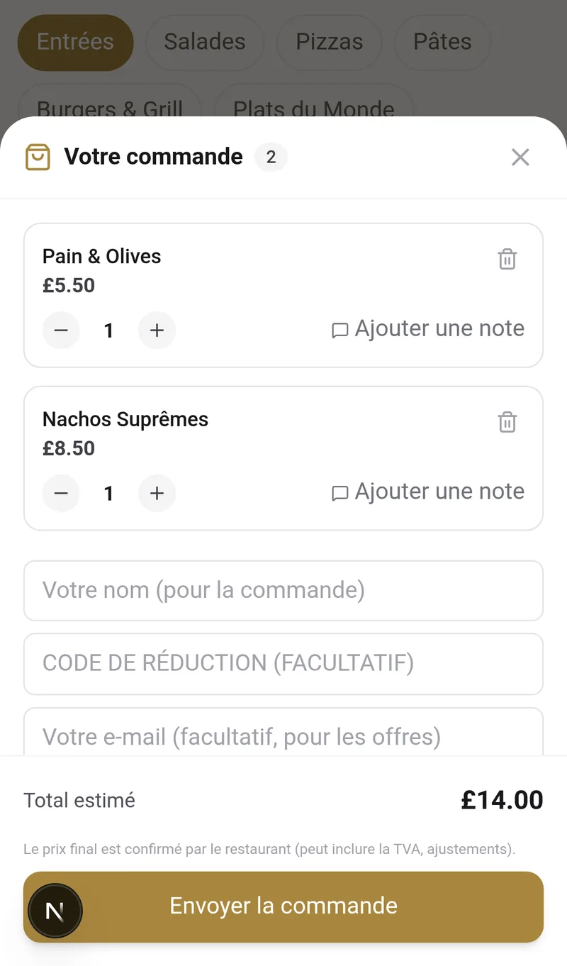 Panier du client avec produits, notes, code de réduction et bouton pour envoyer la commande