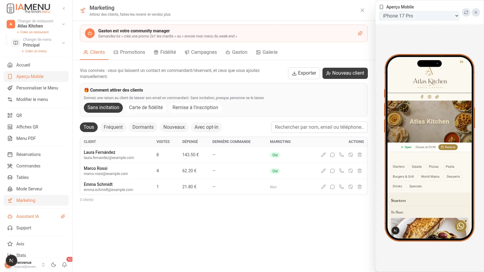 CRM des clients d'iaMenu avec liste de clients, visites, dépenses et consentement marketing