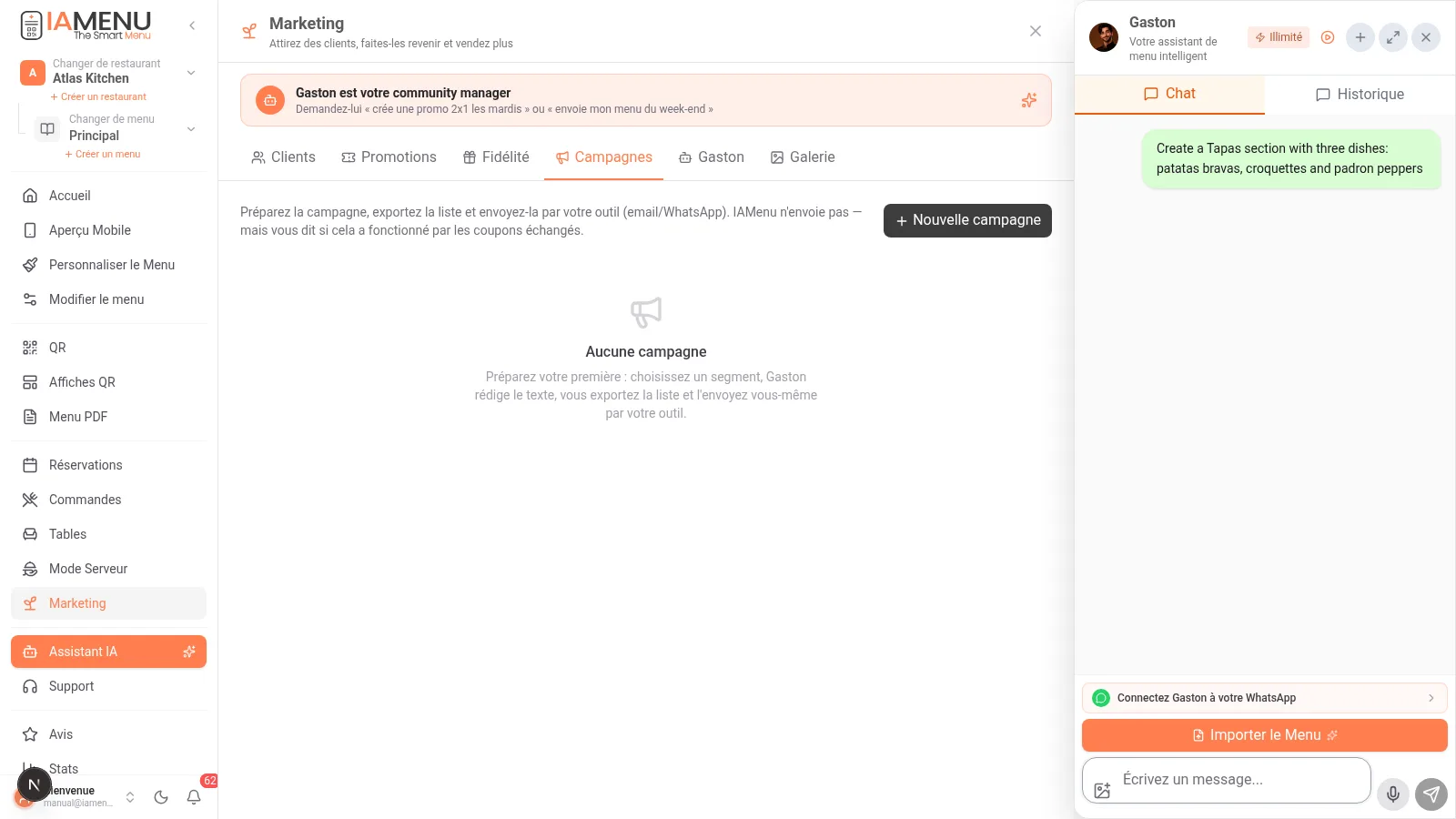 Gaston comme community manager de marketing au sein d'iaMenu