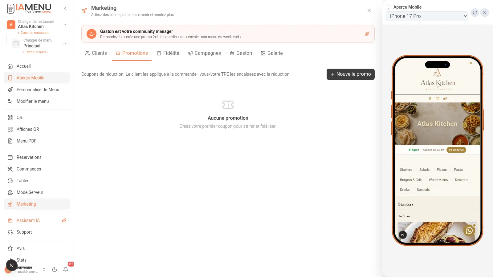 Onglet des promotions d'iaMenu pour créer des coupons de réduction