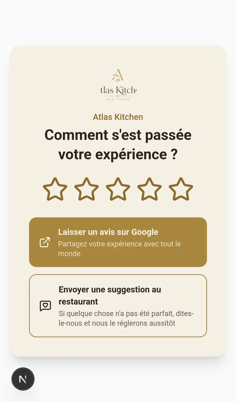 Formulaire public d'avis avec étoiles, bouton pour laisser un avis sur Google et bouton de suggestion privée