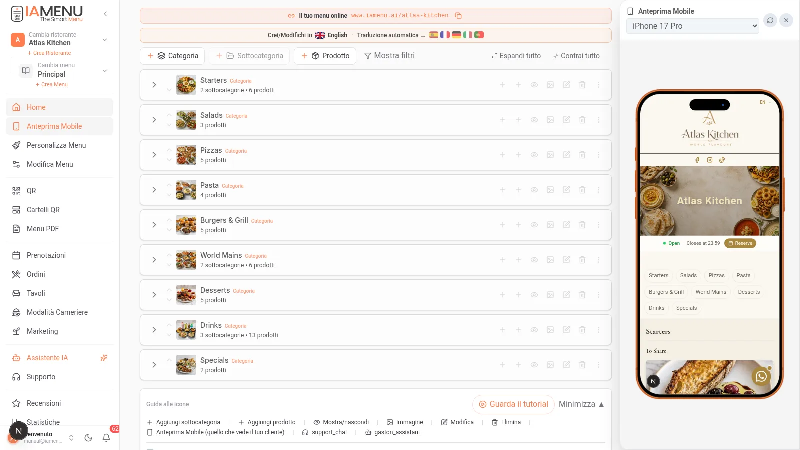 Dashboard di iaMenu in desktop che mostra l'accordo flat con categorie, sottocategorie e prodotti organizzati per livelli di profondità