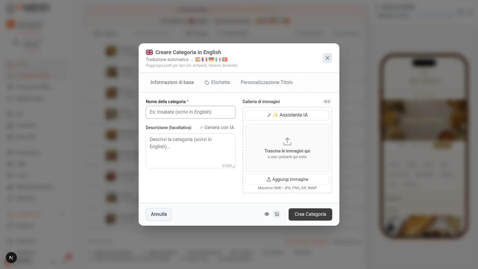 Modal di creazione di categoria in desktop con campi per nome, descrizione e sezione immagine