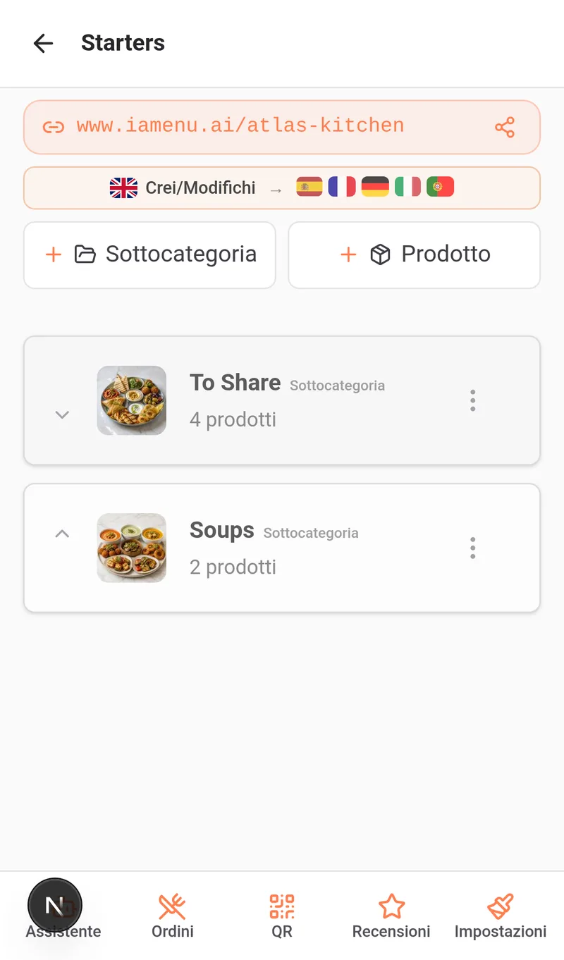 Categoria appena creata visibile nel dashboard desktop come riga espandibile con opzioni di modifica e riordino