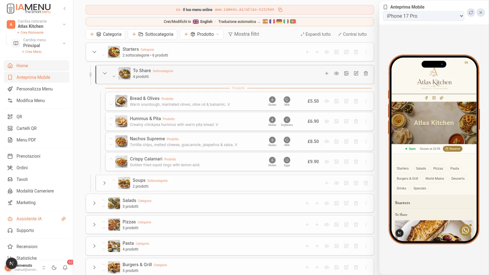Prodotto appena creato visibile nel dashboard di iaMenu all'interno della sua categoria con immagine, prezzo e allergeni rilevati nel menu digitale