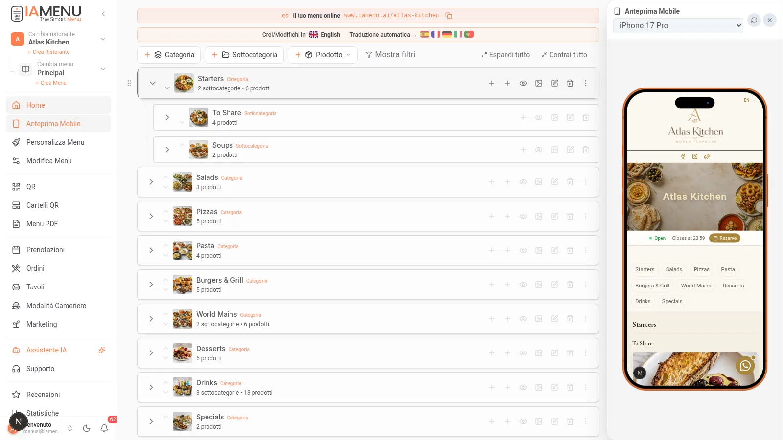 Riordinare categorie e prodotti con drag and drop nel dashboard di iaMenu