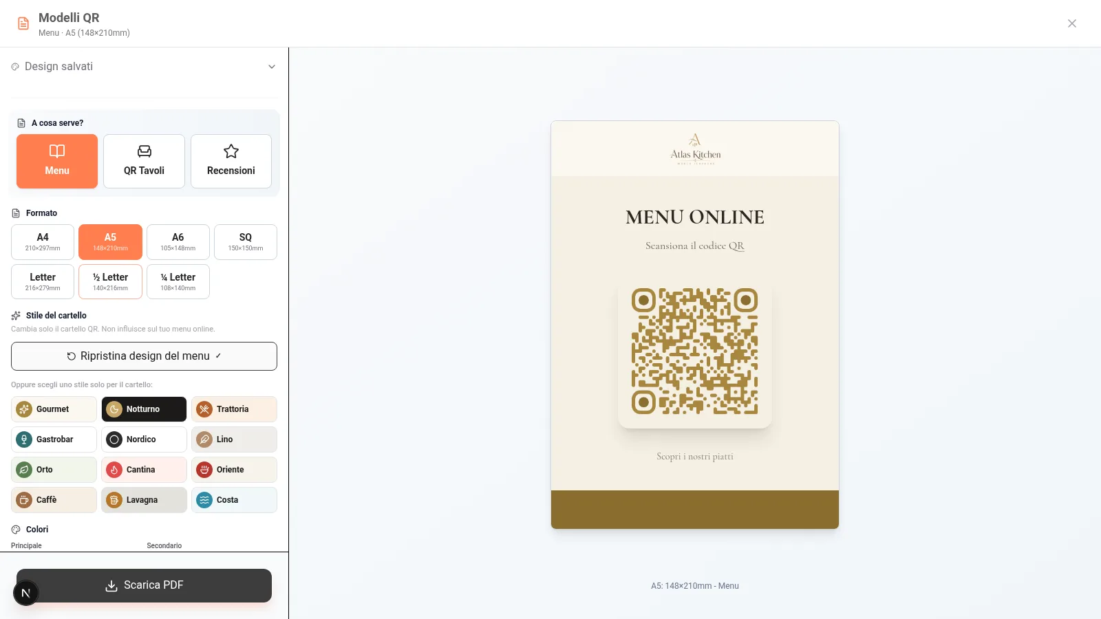 Editor di modelli QR professionali con formati A4 A5 A6 e quadrato per ristorante