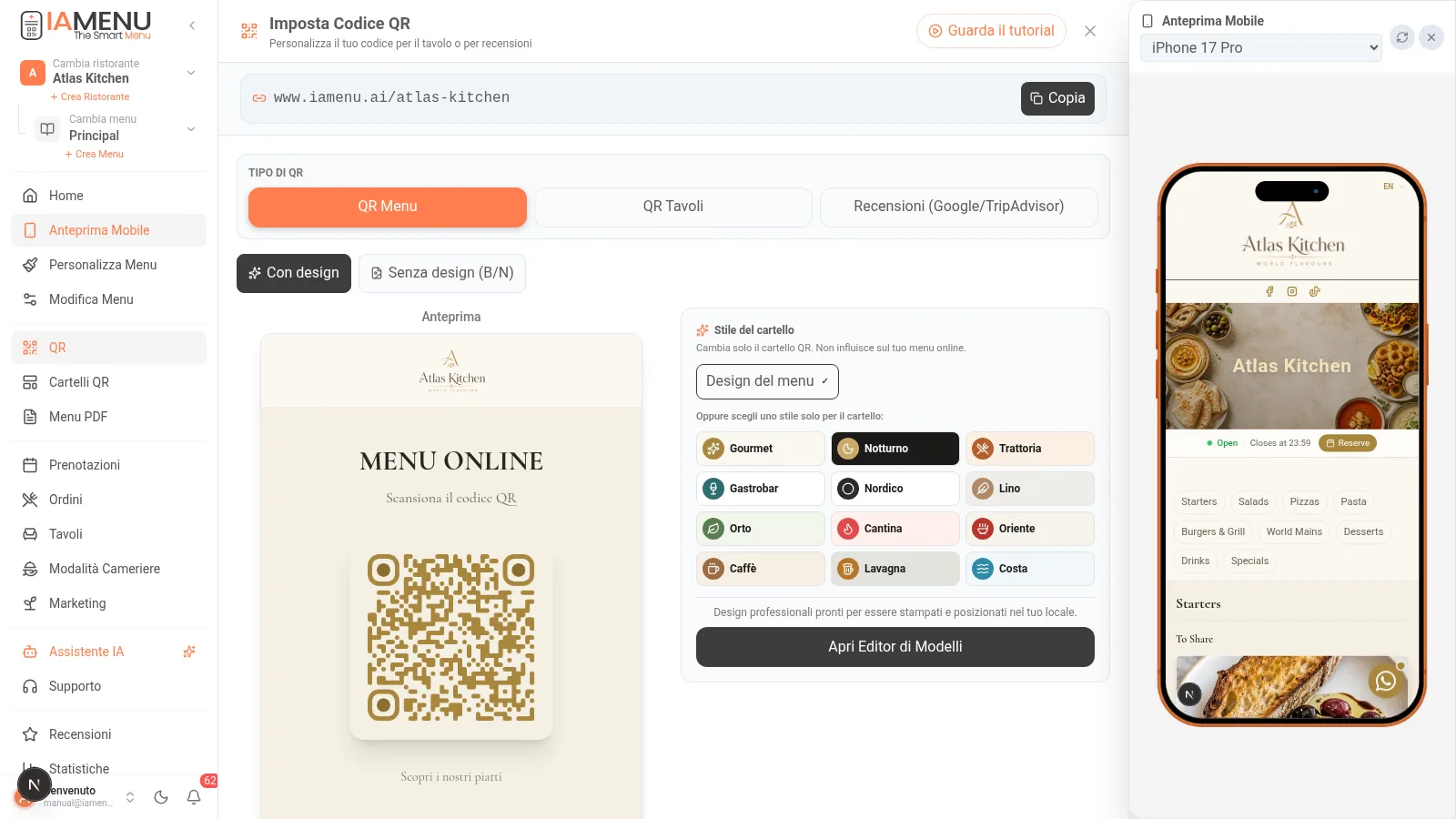 Accesso al generatore di codice QR dal menu laterale del dashboard in desktop