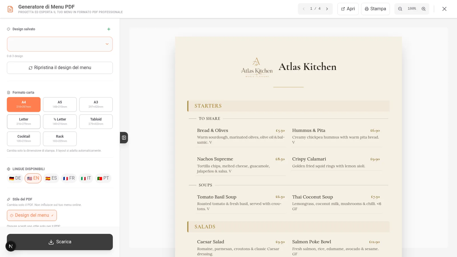 Pulsante Esporta PDF nel menu laterale del dashboard di iaMenu su desktop