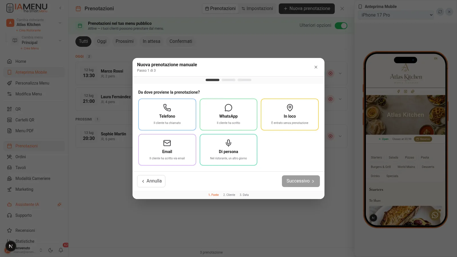 Modal di nuova prenotazione manuale con selettore di origine: telefono, WhatsApp, walk-in, email o di persona