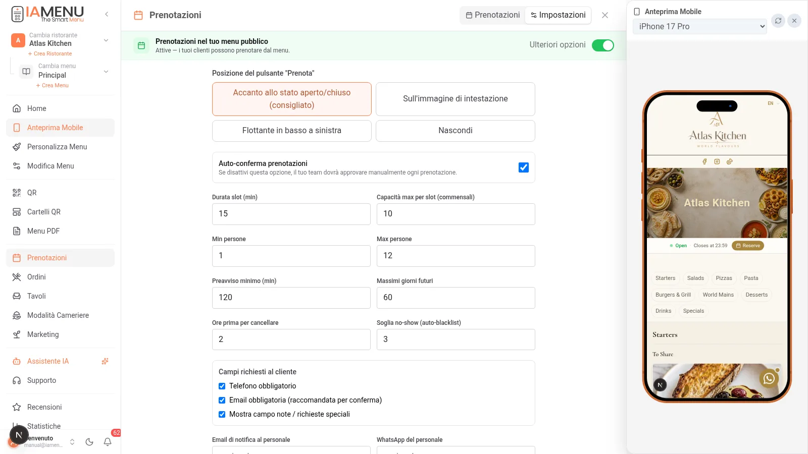 Configurazione della politica di prenotazioni: preavviso minimo, giorni massimi, dimensione del gruppo