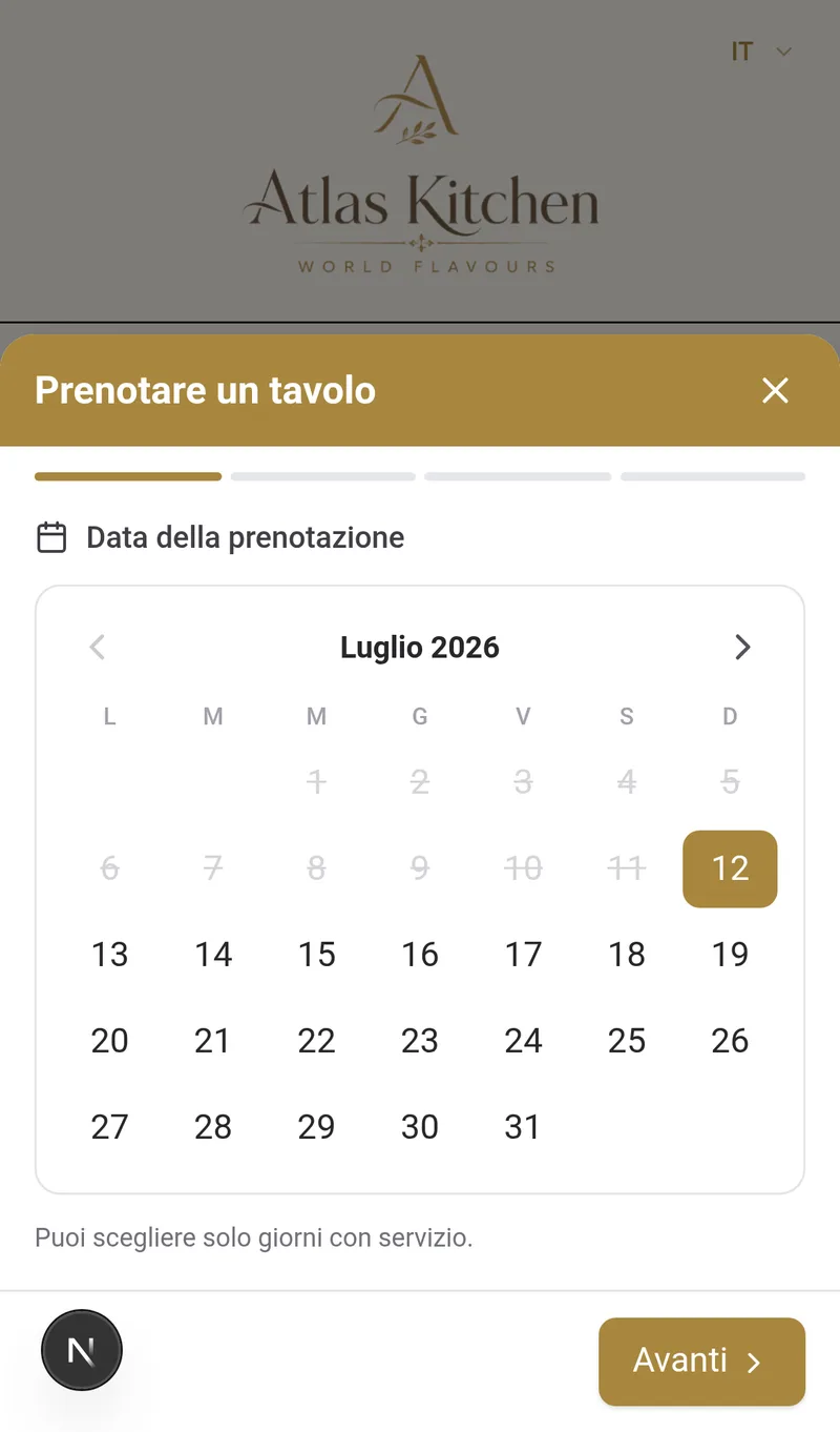 Modal di prenotazione del cliente con calendario dei giorni disponibili nel menu digitale
