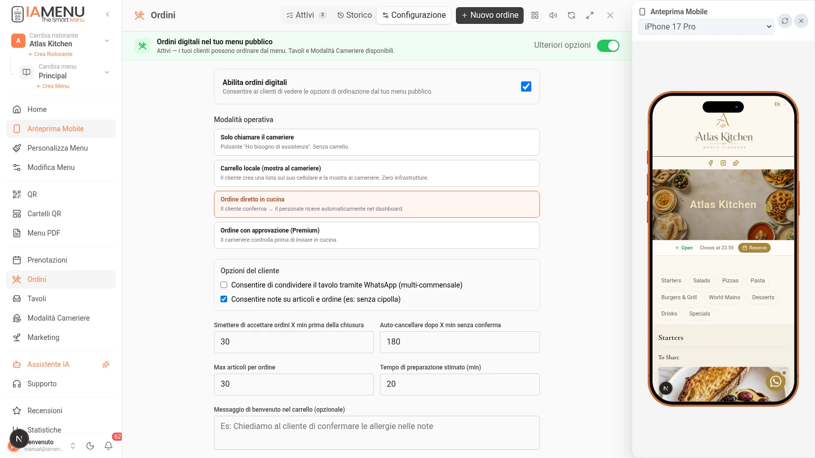 Configurazione degli ordini digitali di iaMenu con i modi di operazione