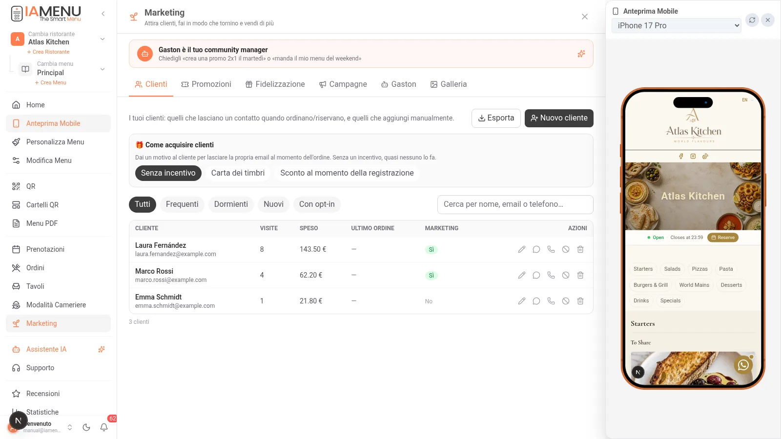 CRM di clienti di iaMenu con lista di clienti, visite, spesa e consenso di marketing