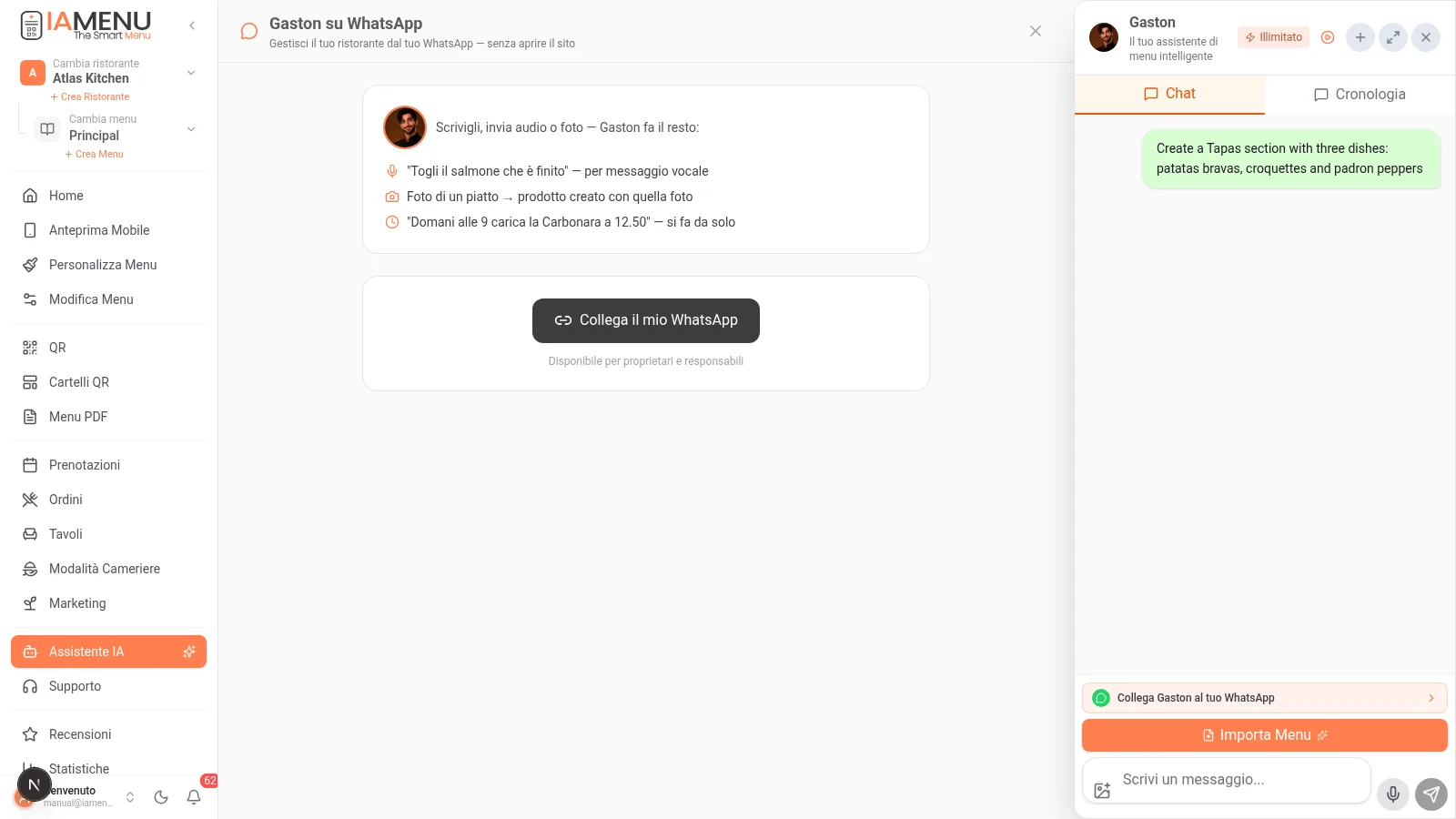 Schermata Gaston su WhatsApp di iaMenu con il pulsante Collega il mio WhatsApp