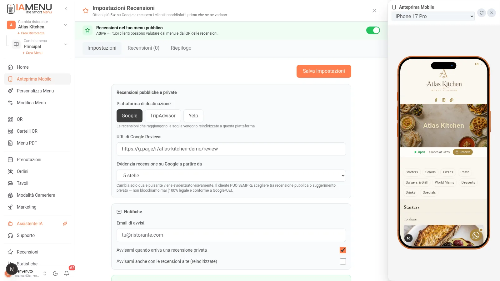 Configurazione delle recensioni di iaMenu con piattaforma di destinazione e URL di Google Reviews