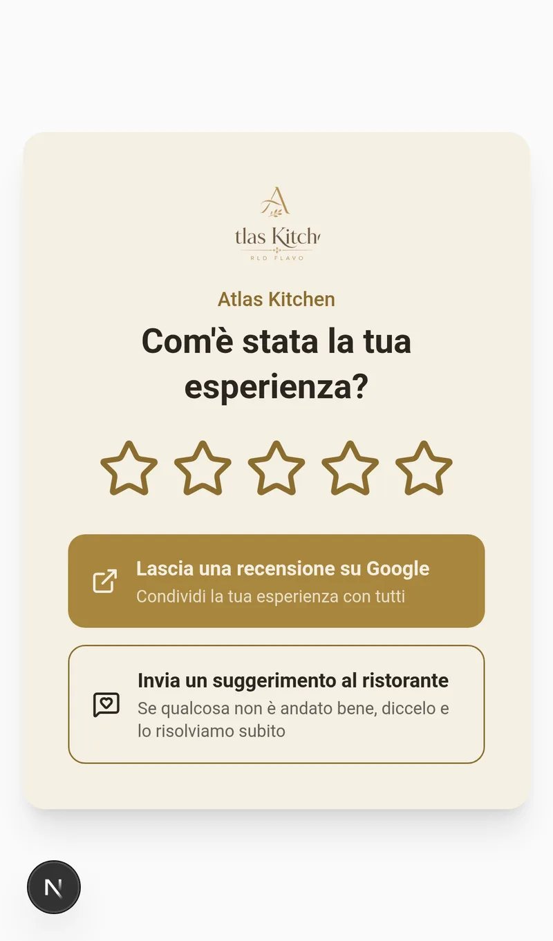 Modulo pubblico delle recensioni con stelle, pulsante per lasciare una recensione su Google e pulsante per suggerimento privato