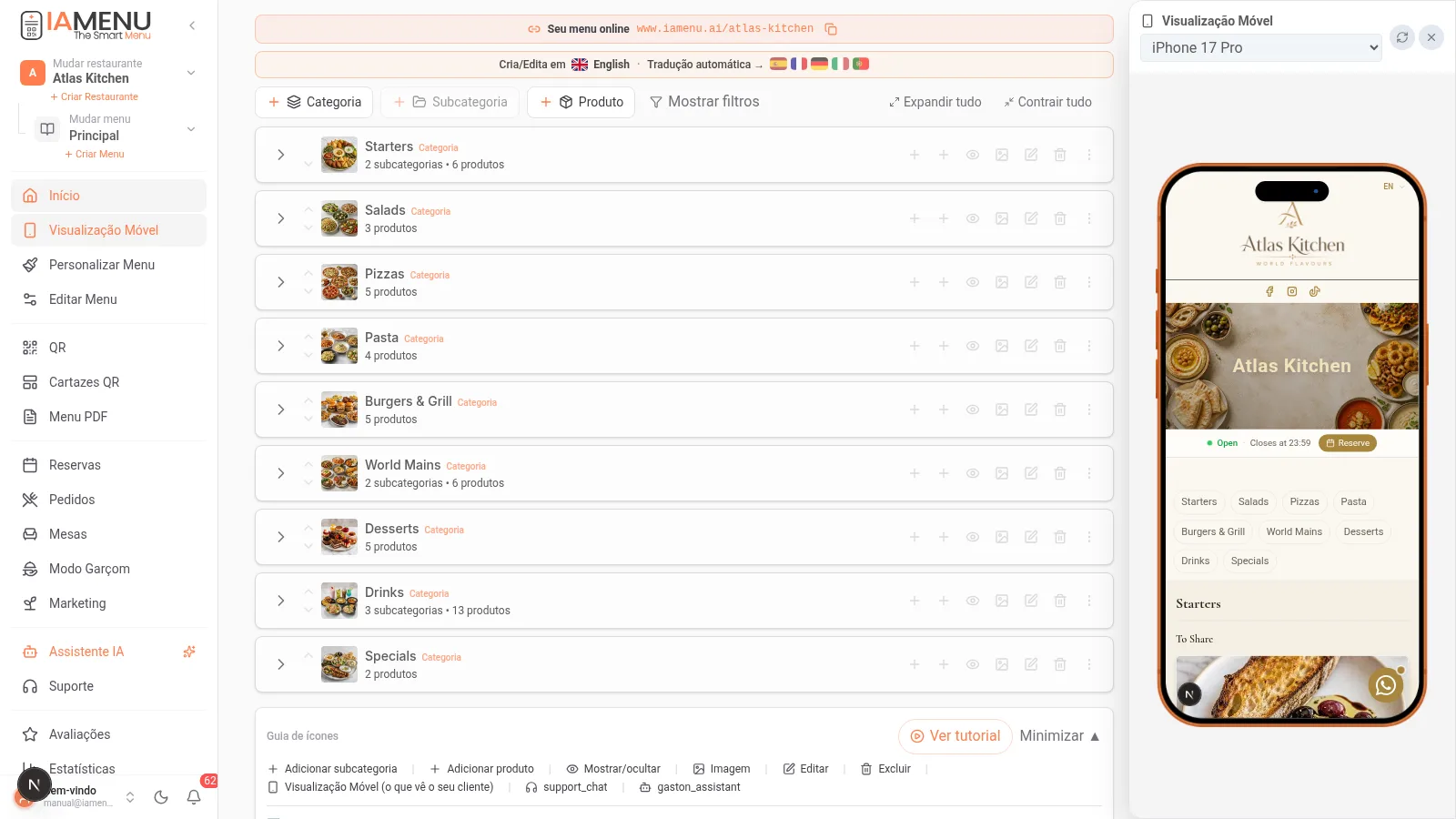 Dashboard do iaMenu em desktop mostrando o acordeão flat com categorias, subcategorias e produtos organizados por níveis de profundidade
