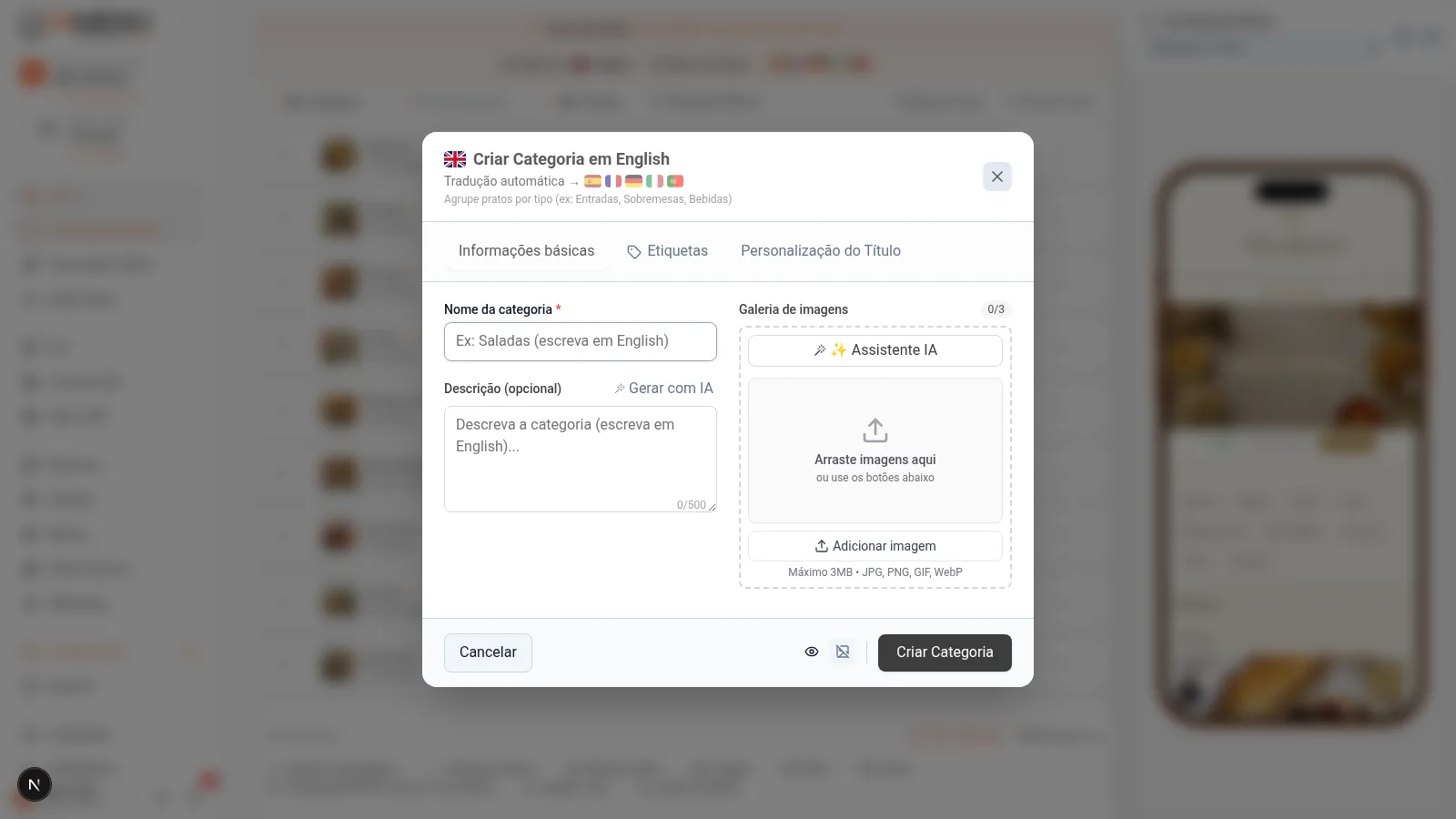 Modal de criação de categoria em desktop com campos para nome, descrição e seção de imagem
