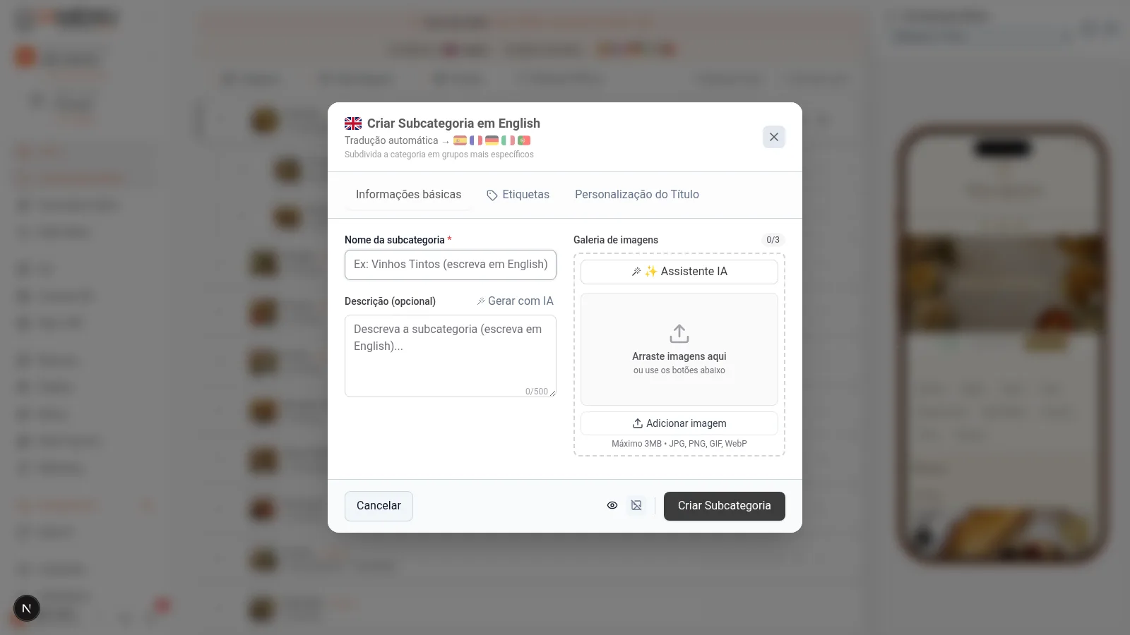 Modal de criação de subcategoria com campos nome, descrição e imagem em desktop