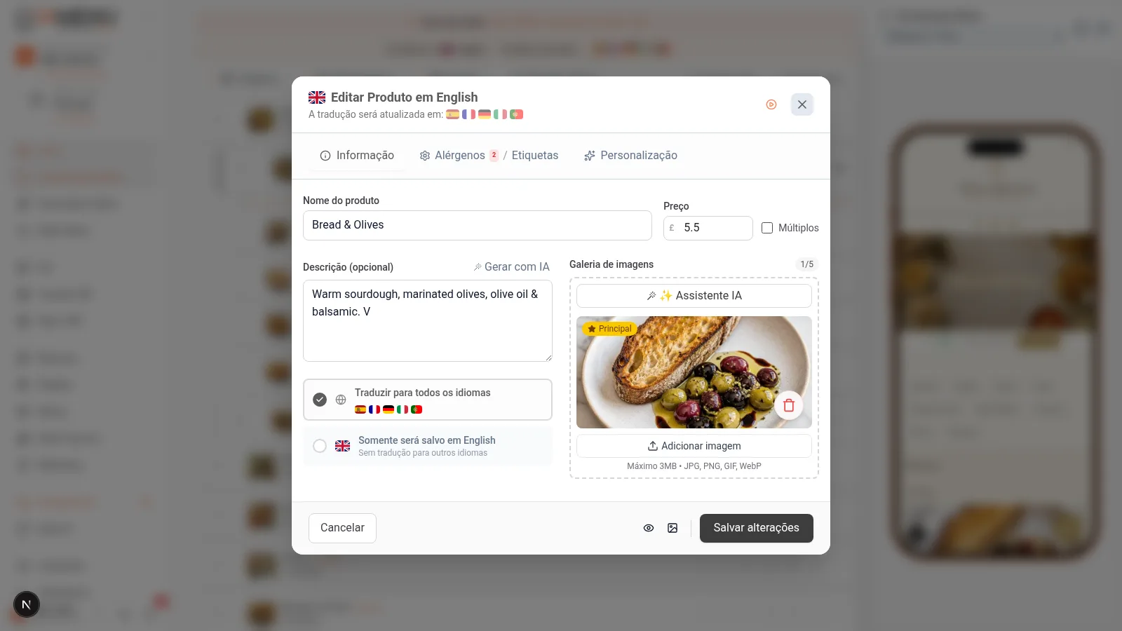 Geração de foto profissional de prato com GPT Image em iaMenu mostrando resultado de imagem de comida gerada com inteligência artificial