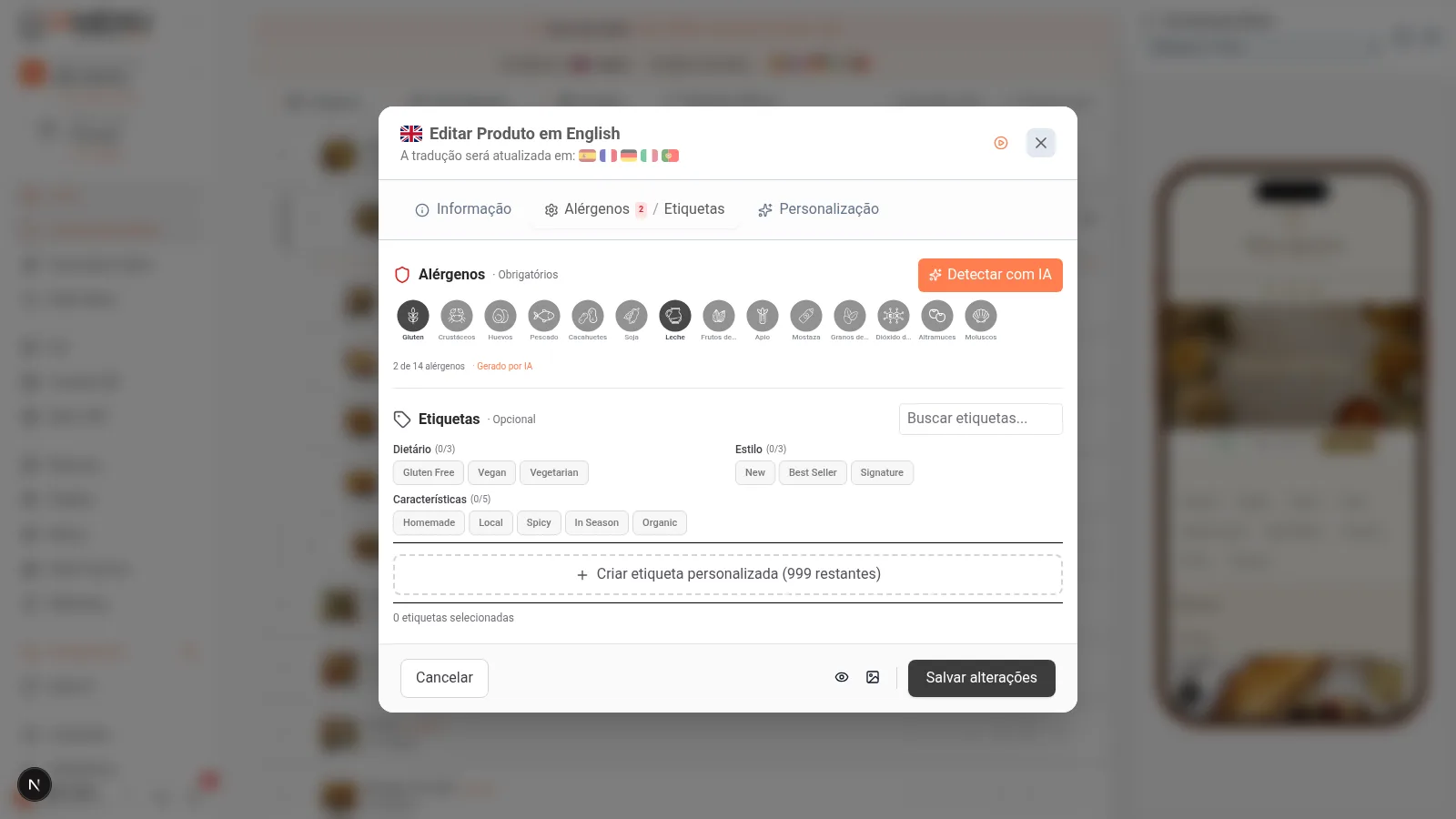 Detecção automática de alérgenos por Super Chef IA no modal do produto, mostrando ícones de glúten, ovos e laticínios detectados