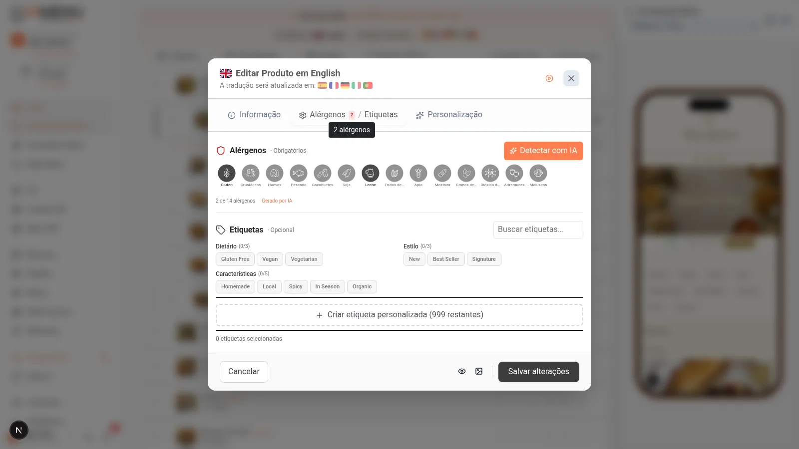 Selector de etiquetas de marketing mostrando tags globais como Vegano, Sem Glúten, Picante e etiquetas custom do restaurante