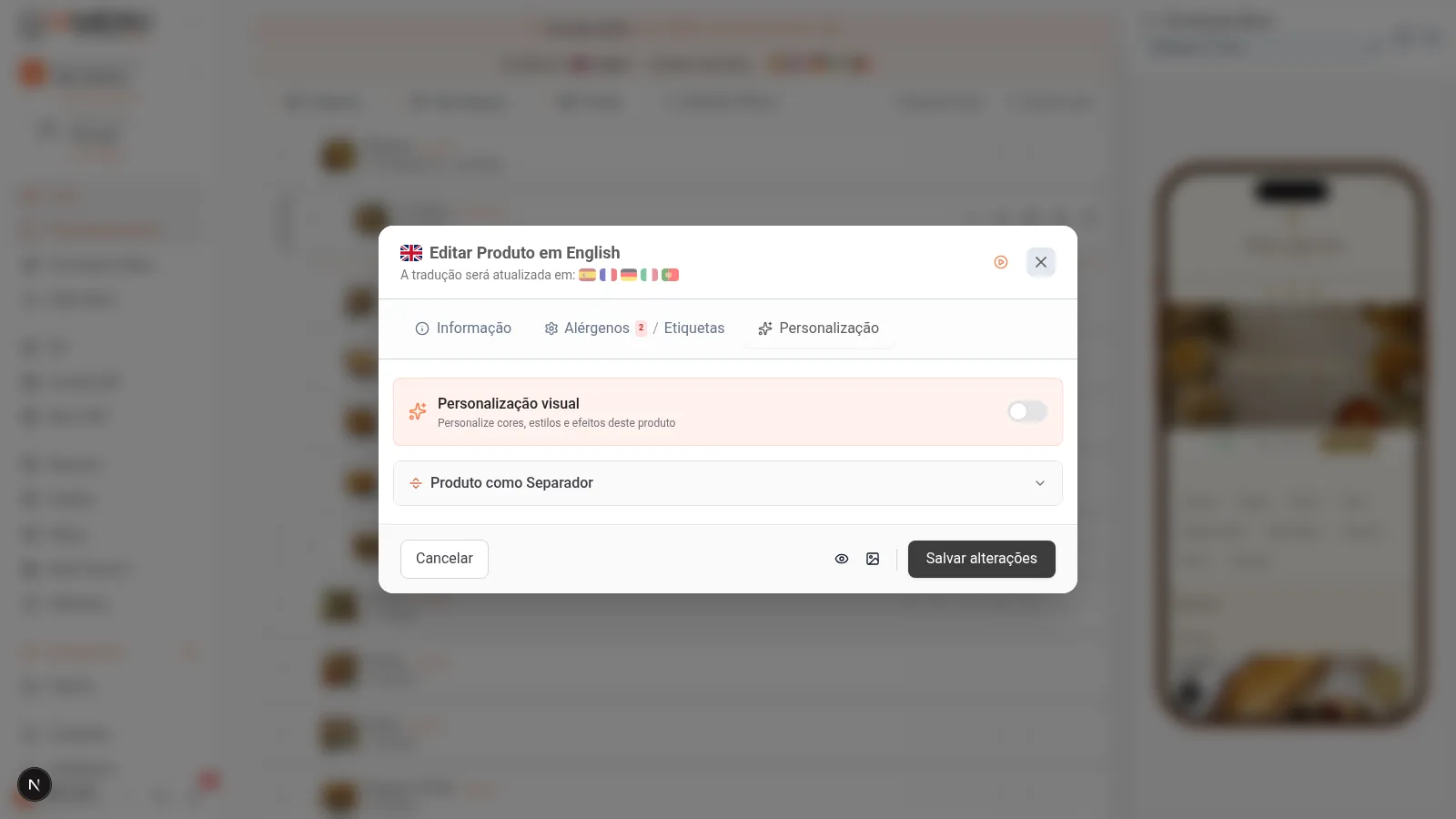Painel de personalização do produto com abas de happy hour, disponibilidade e separadores em desktop