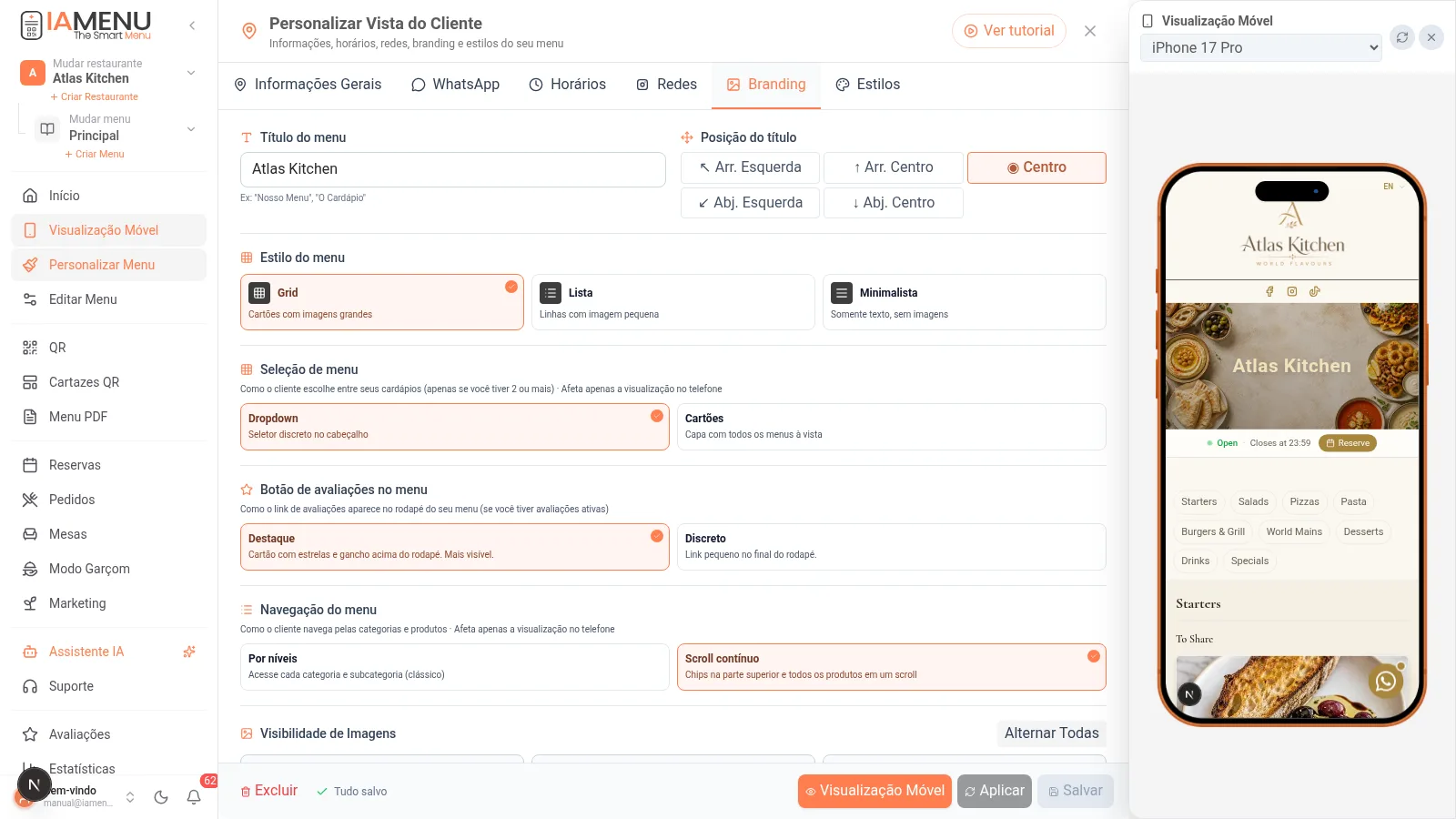Configuração de branding do menu: logo, imagem de cabeçalho e título