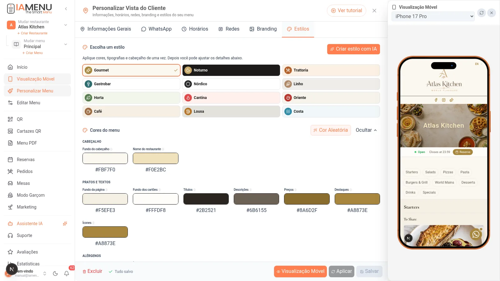 Selector de 12 estilos do menu de iaMenu com paleta de cores editável