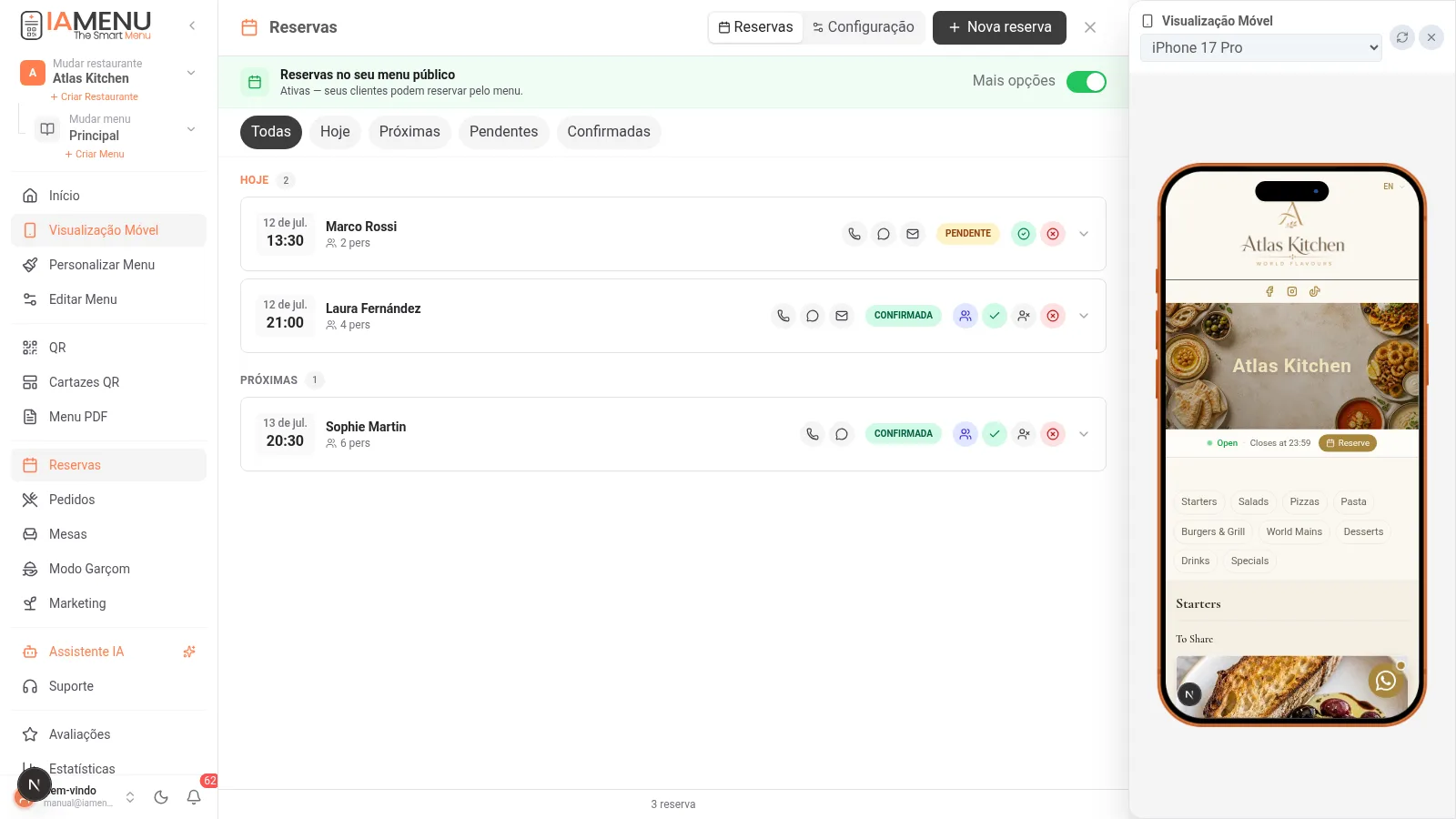 Painel de reservas da iaMenu com reservas de hoje e próximas, filtros e botão de nova reserva
