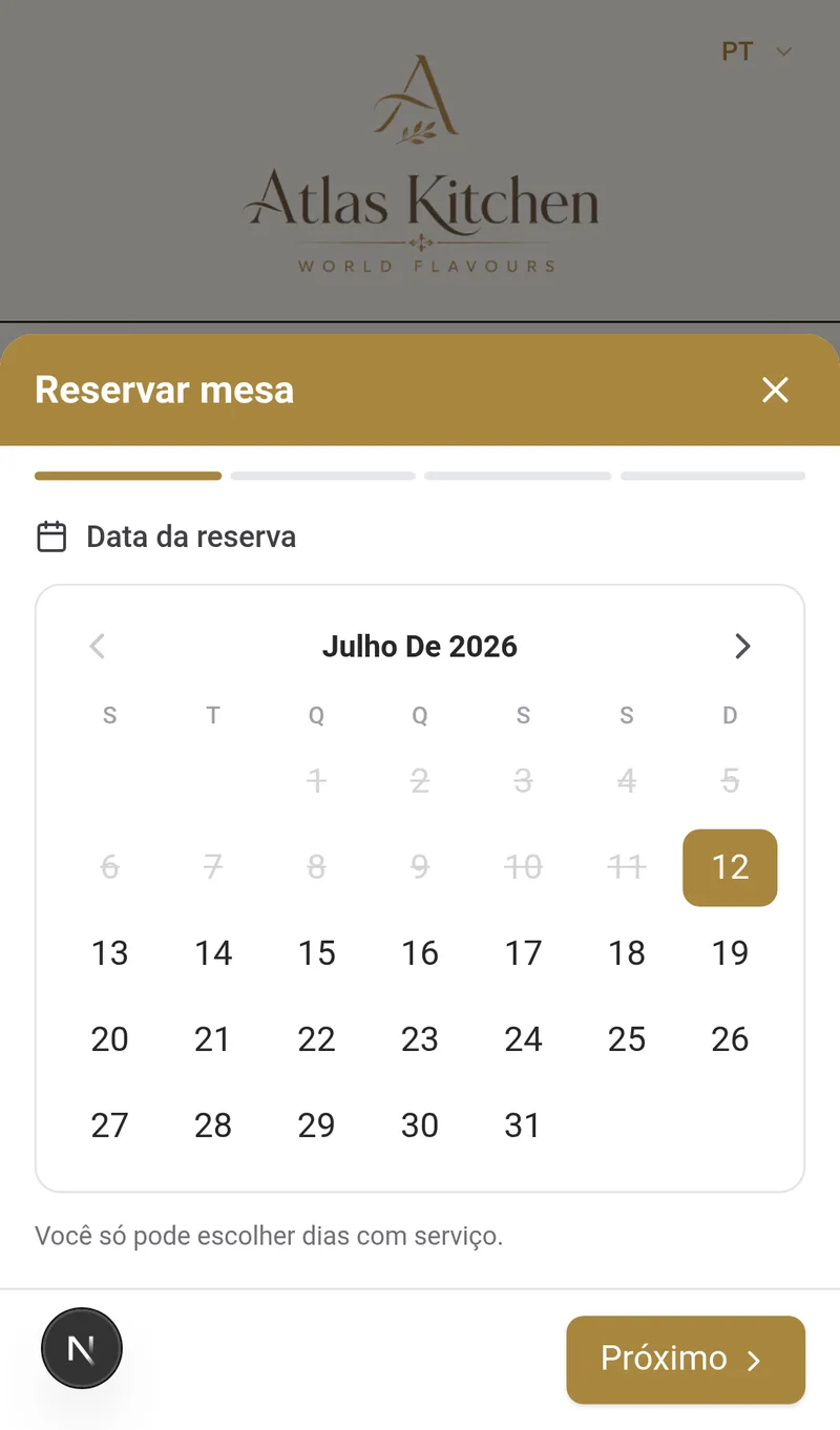 Modal de reserva do cliente com calendário de dias disponíveis na carta digital