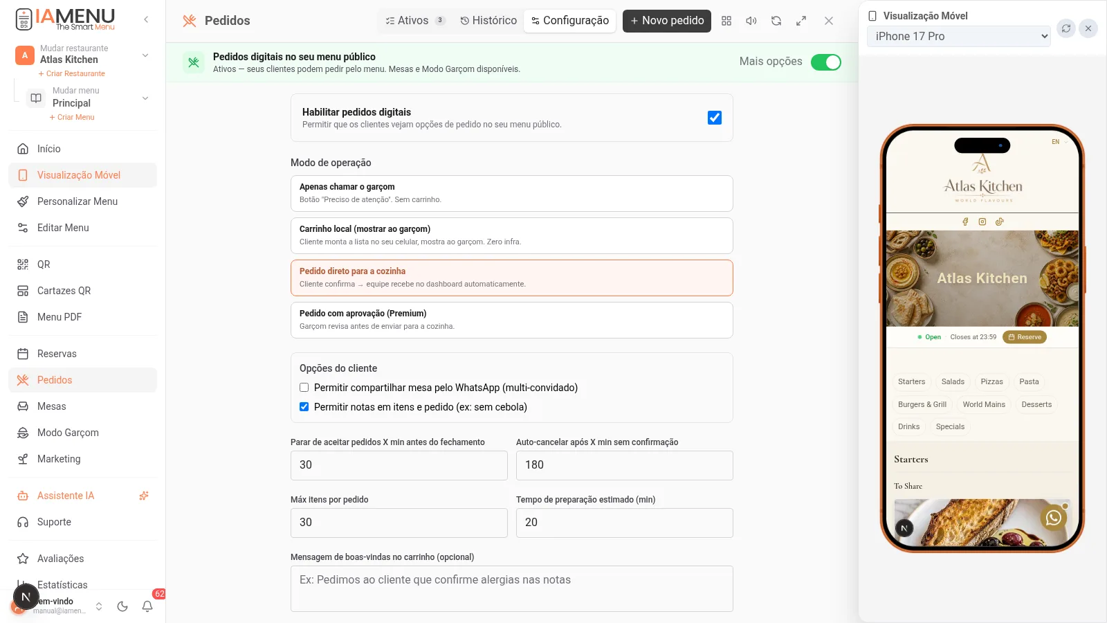 Configuração de pedidos digitais de iaMenu com os modos de operação