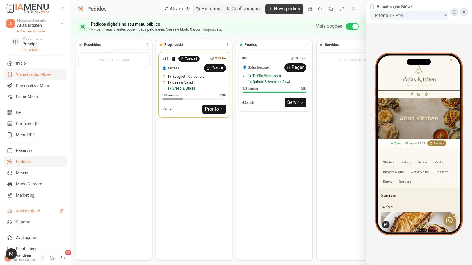 Kanban de pedidos de iaMenu com colunas de recebidos, preparando, prontos e servidos
