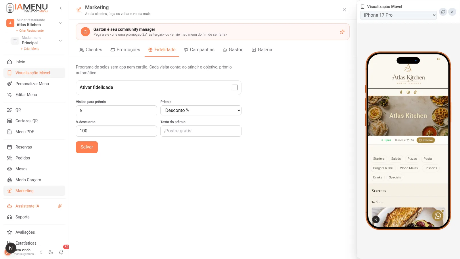 Configuração do programa de fidelidade com selos digitais na iaMenu