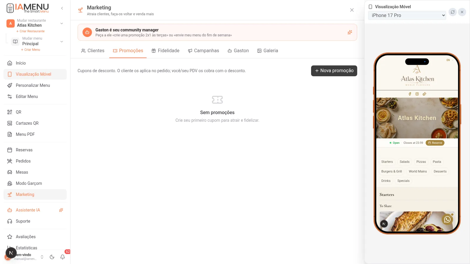 Aba de promoções da iaMenu para criar cupons de desconto