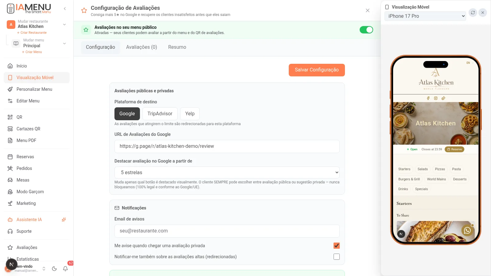 Configuração de avaliações do iaMenu com plataforma de destino e URL de Google Reviews