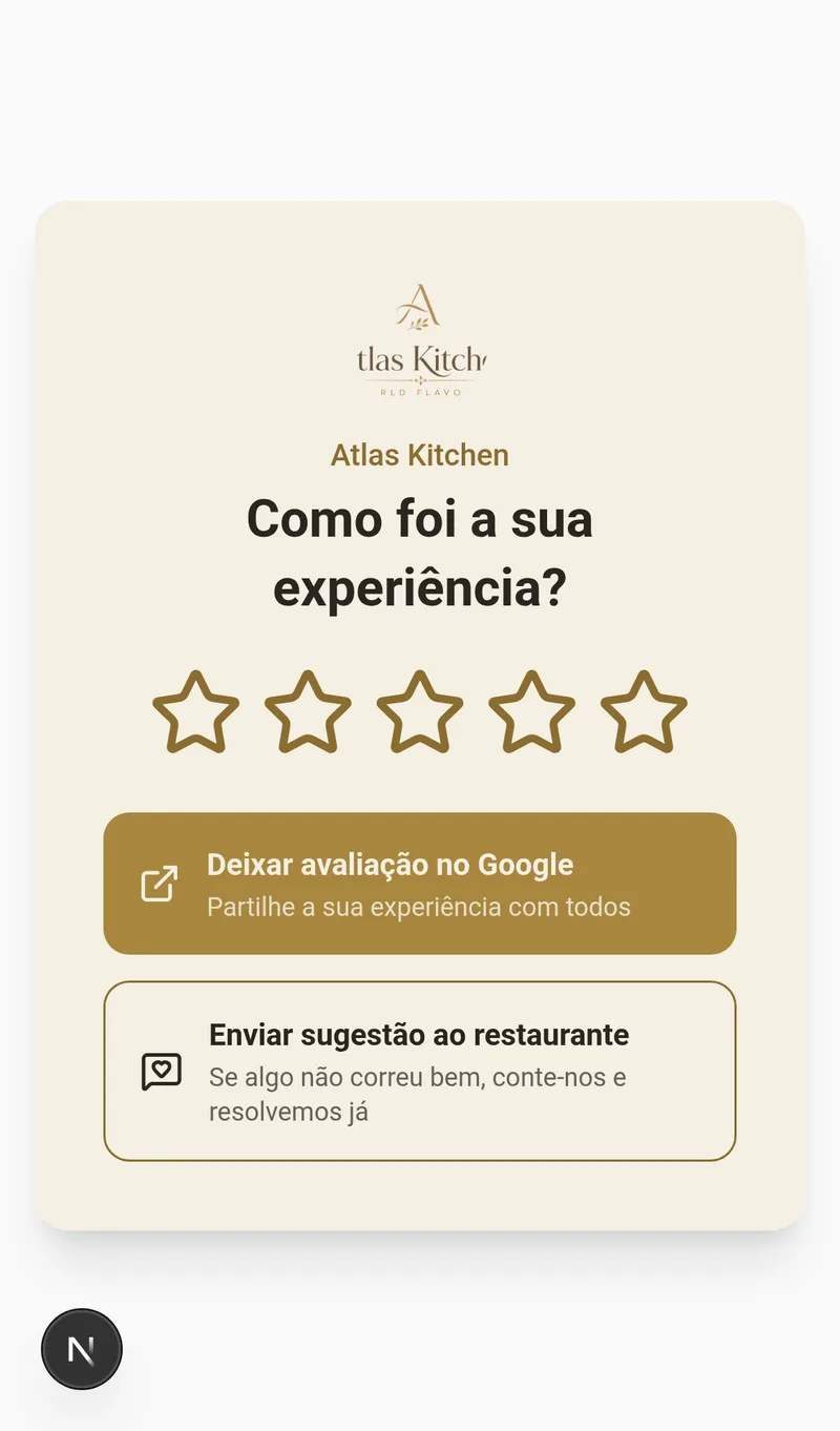 Formulário público de avaliações com estrelas, botão de deixar avaliação no Google e botão de sugestão privada